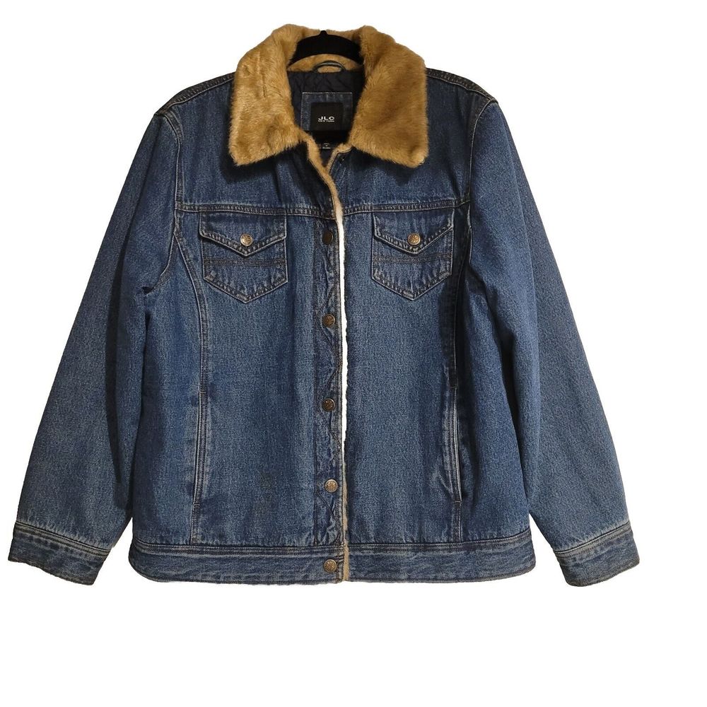 JLC New York Womens XL Denim Jean Jacket Quilted Lining Faux Fur Trim  Shacket